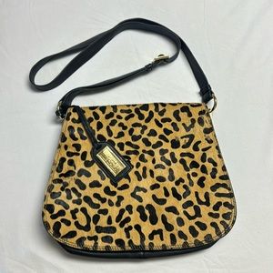 Badgley Mishka Calf Hair Leopard Print and Black Leather Crossbody Saddle Bag